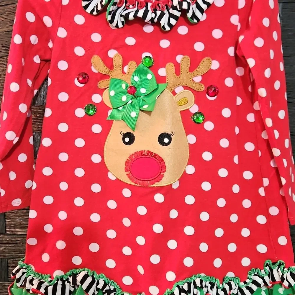 Bonnie Jean Red Polka Dot Reindeer Dress Girls Size 3T